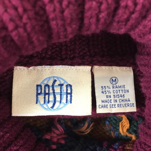 Pasta Vintage Maroon Chunky Knit Turtleneck Sweater Womens Medium Diamond Floral - Picture 5 of 12